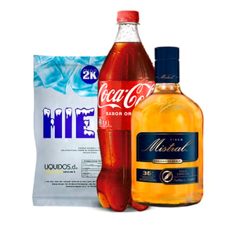 Pisco Mistral 35° 750cc + Coca Cola 1.5lt + Hielo 2kg