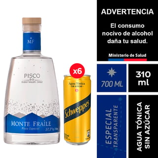 Pisco Monte Fraile Transparente 37,5° 700 Ml. + Schweppes Agua Tónica Sin Azúcar 6 X 310 Ml