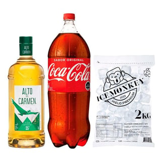 PROMO ALTO LITRO + BEBIDA 3L + HIELO: Pisco Alto del Carmen 35 grados 1 Litro + Bebida Coca Cola 3 L + Hielo Ice Monkey 2 kg.