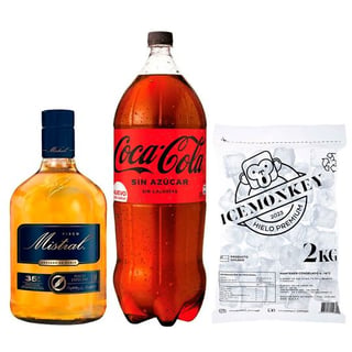 PROMO MISTRAL LITRO + BEBIDA ZERO 3 LTS + HIELO: Pisco Mistral Añejado 1 Litro 35º alc. + Bebida Coca Cola Zero Azúcar 1.5 L + Hielo Ice Monkey 2 kg.