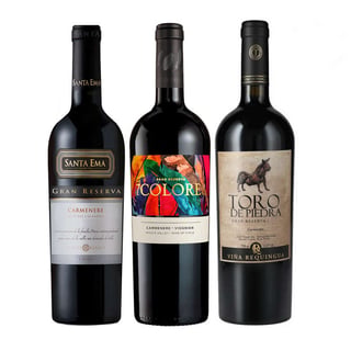 TRIFECTA CARMENERE: 1x Vino Santa Ema Gran Reserva Carmenere 750cc + 1x Vino Toro de Piedra Carmenere 750cc + 1x Vino 7 Colores Gran Reserva Carmenere 750cc