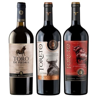 Trio Animal: 1x Vino Toro de Piedra Gran Reserva Carmenere 750cc + 1x Vino Toreto Gran Reserva Carmenere 750cc + 1x Vino Toreto Reserva Privada Carmenere 750cc