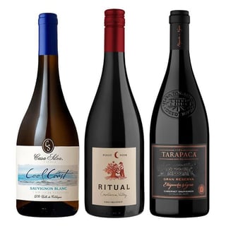 TRIO TARAPACA - CASA SILVA - RITUAL: 1x Vino Tarapacá Etiqueta Negra Cabernet Sauvignon 750cc + 1x Vino Casa Silva Cool Coast Sauvignon Blanc 750cc + 1x Vino Ritual Pinot Noir Orgánico 750cc