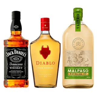 Whiskey Jack Daniels Old N7 750cc 40º alc. + Pisco Diablo 700cc 35ºalc. + Pisco Mal Paso 1 Litro 35º alc.