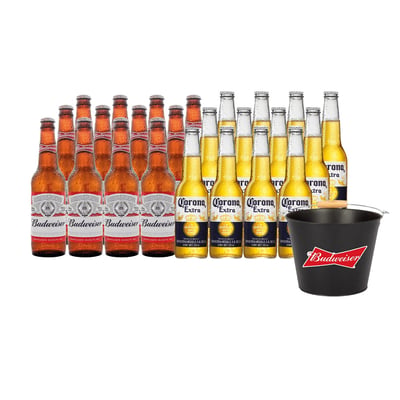 12x Budweiser Botellín 330cc + 12x Corona Extra Botellín 330cc + Bucket de Regalo