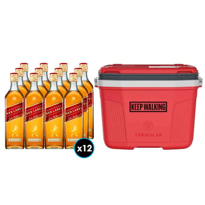 12x Whisky Johnnie Walker Red Label 1L 40º alc. + Cooler Termolar Rojo 32 litros