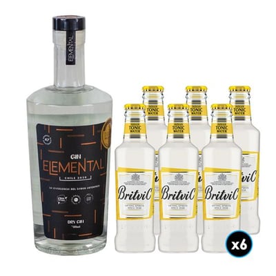 1x Gin Elemental 700cc 45º alc.+ 6x Agua Tónica Britvic 200cc