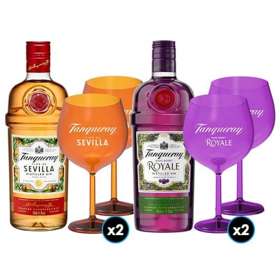 1x Gin Tanqueray Sevilla 700cc +2x Copa Acrilica Royal +1x Gin Tanqueray Royale 700cc +2x Copa Acrilica Sevilla