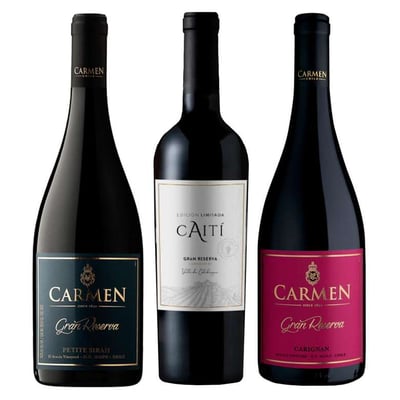 1x Vino Carmen Gran Reserva Petite Syrah 750cc + 1x Vino Caiti Gran Reserva Carmenere 750cc + 1x Vino Carmen Gran Reserva Carignan 750cc