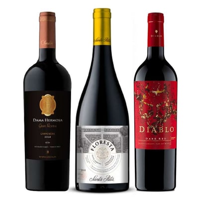 1x Vino Chocalan Dama Hermosa Gran Reserva Carmenere 750cc + 1x Vino Floresta Cabernet Sauvignon 750cc + 1x Vino Diablo Dark Red 750cc