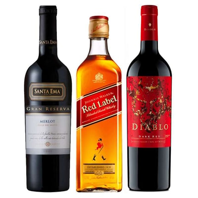 1x Whisky Johnnie Walker Red Label 750cc 40º alc. + 1x Vino Santa Ema Gran Reserva Merlot 750cc + 1x Vino Diablo Dark Red 750cc