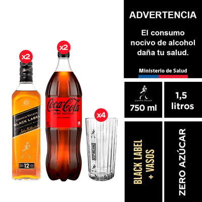 2 Johnnie Walker Black Label 750 Ml. + 2 Coca-cola Zero Azúcar 1,5 Lt. + 4 Vasos