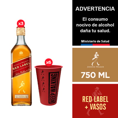 3 Johnnie Walker Red Label 750 Ml. + 6 Vasos