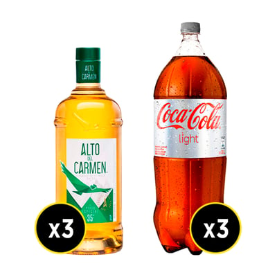 3 Piscos Alto Del Carmen 35º Botella 1lt + 3 Coca Cola Light 3lts