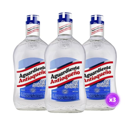 3x Aguardiente Colombiano Antioqueño - Sin Azúcar Tapa Azul - 750ml