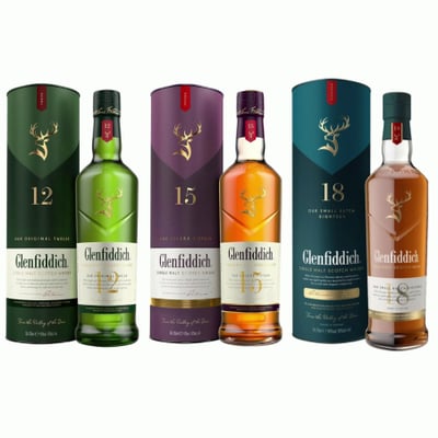 3x Whisky Glenfiddich Single Malt 12 - 15 - 18 - 750ml