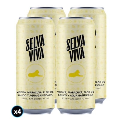 4x Bebida Premium Selva Viva Vodka Maracuyá Flor de Sauco 310cc