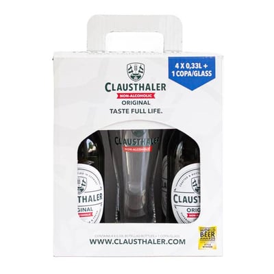 4x Cerveza Clausthaler Sin Alcohol en Botella 330cc + Vaso Schop