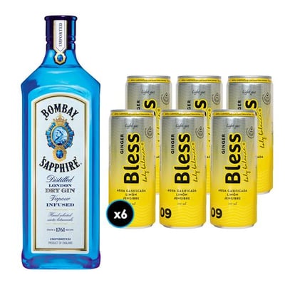 6x Agua Bless Limón y Jengibre con Gas 310cc + Gin Bombay Sapphire 750cc 40º alc.