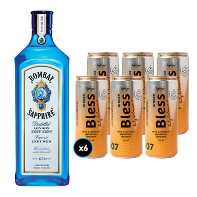 6x Agua Bless Maracuya y Jengibre con Gas 310cc + Gin Bombay Sapphire 750cc 40º alc.
