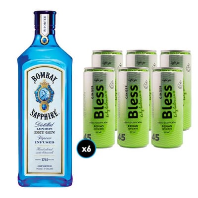 6x Agua Bless Pepino y Jengibre con Gas 310cc + Gin Bombay Sapphire 750cc 40º alc.