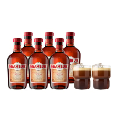 6x Licor de Whisky Drambuie 750cc + 2 Vasos de Regalo