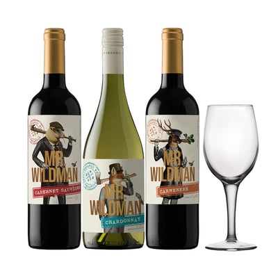 Arma tu Pack - 3x Vino Mr. Wildman Cepas 750cc + Copa de Regalo