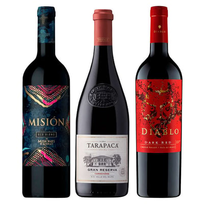 BLACK TRIO N°13: Vino Misión Red Blend 750cc + Vino Tarapacá Gran Reserva Carmenere 750cc + Vino Diablo Dark Red 750cc