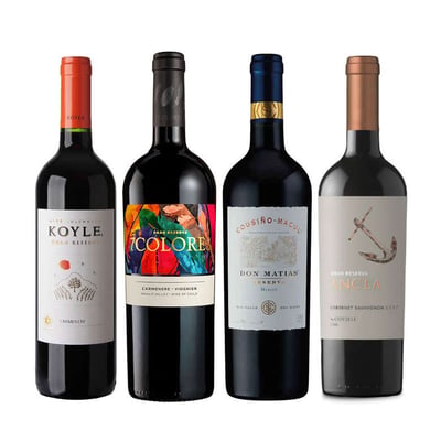 BLACK WINE PACK N°12: Vino Odfjell Ancla Gran Reserva Cabernet Sauvignon 750cc + Vino Koyle Gran Reserva Carmenere 750cc + Vino Cousiño Macul Don Matías Gran Reserva Merlot 750cc + Vino 7 Colores Gran Reserva Carmenere 750cc