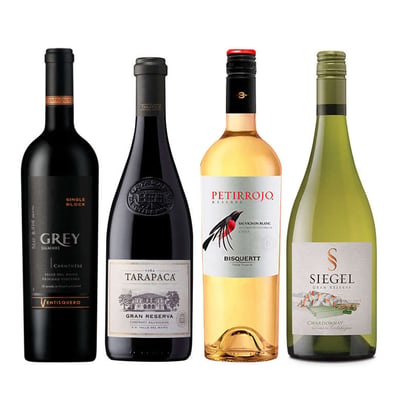 BLACK WINE PACK N°14: Vino Ventisquero Grey Carmenere 750cc + Vino Tarapacá Gran Reserva Cabernet Sauvignon 750cc + Vino Petirrojo Bisquertt Reserva Sauvignon Blanc 750cc + Vino Siegel Gran Reserva Chardonay 750cc