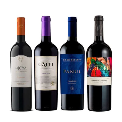BLACK WINE PACK N°4: Vino 7 Colores Gran Reserva Carmenere 750cc + Vino Caiti Gran Reserva Carmenere 750cc + Vino Panul Gran reserva Carmenere 750cc + Vino La Joya Bisquertt Gran Reserva Carmenere 750cc