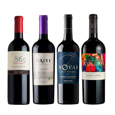 BLACK WINE PACK N°5: Vino 7 Colores Gran Reserva Carmenere 750cc + Vino Caiti Gran Reserva Carmenere 750cc + Vino Novas Gran Reserva Cabernet Sauvignon 750cc + Vino 1865 Single Vineyard Cabernet Sauvignon 750cc