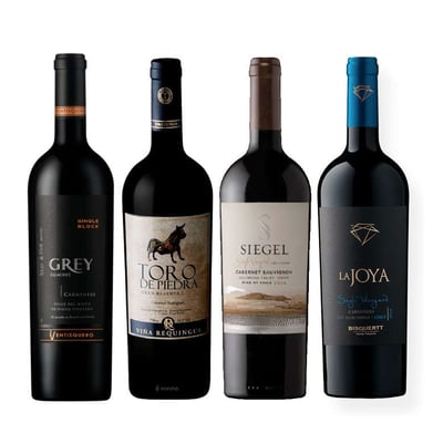 BLACK WINE PACK N°8: Vino Ventisquero Grey Carmenere 750cc + Vino Toro de Piedra Cabernet Sauvignon 750cc + Vino Siegel Single Vineyard Cabernet Sauvignon 750cc + Vino La Joya Bisquertt Single Vineyard Carmenere 750cc