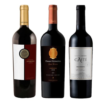 BOOZ CHOICE Nº3 (Gran Reserva): 1x Vino Antawara Gran Reserva Carmenere 750cc + 1x Vino Chocalan Dama Hermosa Gran Reserva Carmenere 750cc + 1x Vino Caiti Gran Reserva Carmenere 750cc