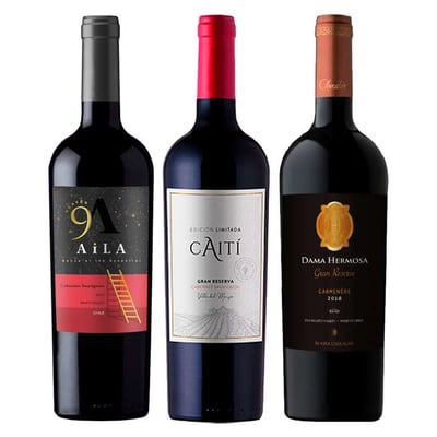 BOOZ CHOICE Nº7 (Gran Reserva): 1x Vino Aila Heaven Gran Reserva Cabernet Sauvignon 750cc + 1x Vino Caiti Gran Reserva Cabernet Sauvignon 750cc + 1x Vino Chocalan Dama Hermosa Gran Reserva Carmenere 750cc