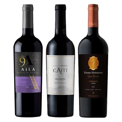 BOOZ CHOICE Nº8 (Carmenere): 1x Vino Aila Heaven Gran Reserva Carmenere 750cc + 1x Vino Caiti Gran Reserva Carmenere 750cc + 1x Vino Chocalan Dama Hermosa Gran Reserva Carmenere 750cc