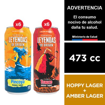 Cerveza Leyendas De Origen Pincoya Hoppy Lager 6 X 473 Cc. + Amber Lager 6 X 473 Cc.
