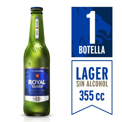 Cerveza Royal Guard lager cero alcohol botella 355 cc