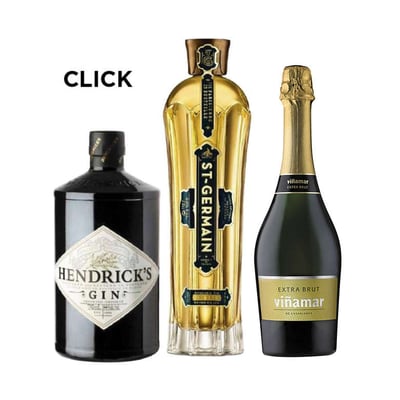 CLICK: Gin Hendricks 700cc 41,4º alc. + Saint Germain Licor de Flores de Sauco 750cc + Espumante Viña Mar Extra Brut 750cc