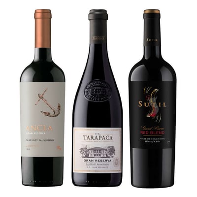 CLUB DE VINOS Nº46: 1x Vino Tarapacá Gran Reserva Cabernet Sauvignon 750cc + 1x Vino Odfjell Ancla Gran Reserva Cabernet Sauvignon 750cc + 1x Vino Sutil Gran Reserva Red Blend 750cc