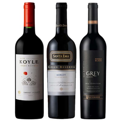 CYBER WINE PACK Nº3: 1x Vino Koyle Gran Reserva Cabernet Sauvignon 750cc + 1x Vino Santa Ema Gran Reserva Merlot 750cc + 1x Vino Ventisquero Grey Carmenere 750cc