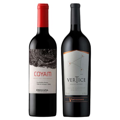 CYBER WINE PACK Nº5: 1x Vino Orgánico COYAM 750cc + 1x Vino Ventisquero Vertice 750cc