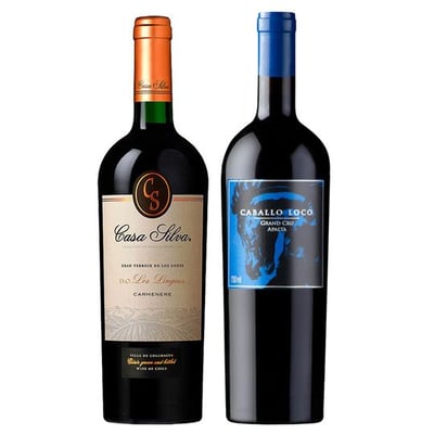 DUO CABALLO LOCO (Apalta) - GRAN TERROIR (Carmenere): 1x Vino Caballo Loco Grand Cru Apalta 750cc + 1x Vino Casa Silva Gran Terroir Carmenere 750cc