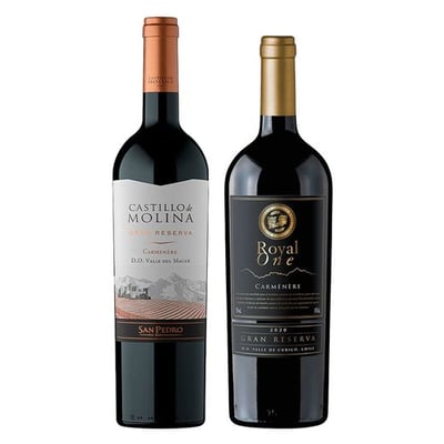DUO CARMENERE (Gran Reserva) N°2: 1x Vino Castillo de Molina Gran Reserva Carmenere 750cc + 1x Vino Royal One Gran Reserva Carmenere 750cc