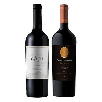 DUO CARMENERE (Gran Reserva): Vino Caiti Gran Reserva Carmenere 750cc + Vino Chocalan Dama Hermosa Gran Reserva Carmenere 750cc