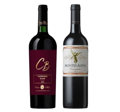 DUO CASA SILVA CB - MONTES ALPHA: 1x Vino Casa Silva CB Carmenere Blend 750cc + 1x Vino Montes Alpha Carmenere 750cc
