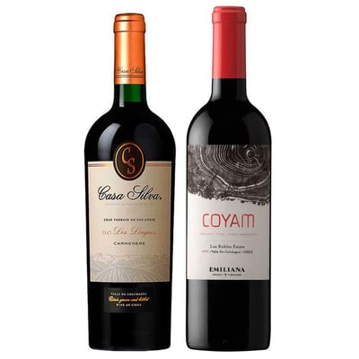 DUO COYAM - GRAN TERROIR (Carmenere): 1x Vino Orgánico COYAM 750cc + 1x Vino Casa Silva Gran Terroir Carmenere 750cc