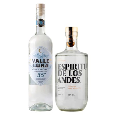 DUO PISCOS TRANSPARENTES N°2: 1x Pisco Valleluna Doble Destilado 750cc 35º alc. + 1x Pisco Espíritu de los Andes 750cc