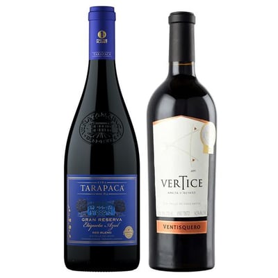 DUO PREMIUM TARAPACÁ - VENTISQUERO: 1x Vino Tarapacá Premium Etiqueta Azul Blend 750cc + 1x Vino Ventisquero Vertice 750cc