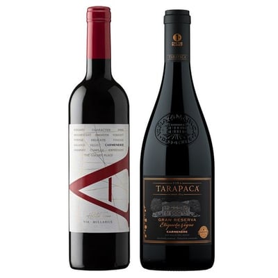 DUO PREMIUM VIK - TARAPACA ETQ. NEGRA (Carmenere): 1x Vino VIK A Carmenere 750cc + 1x Vino Tarapacá Etiqueta Negra Carmenere 750cc